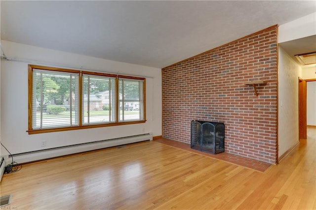 449 Martha Lee Dr, Hampton, VA 23666 - unfurnished living room featuring baseboard heating, wood finished floors, and a brick fireplace