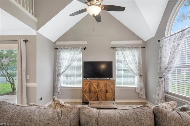 189 Shoal Crk, Williamsburg, VA 23185 - living room with baseboards, wood finished floors, a ceiling fan, and vaulted ceiling
