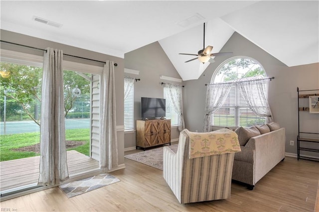 189 Shoal Crk, Williamsburg, VA 23185 - living area featuring a ceiling fan, light wood-type flooring, baseboards, and high vaulted ceiling