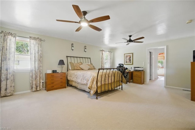 1 Hatteras Lndg, Hampton, VA 23669 - bedroom featuring baseboards, light carpet, ornamental molding, and a ceiling fan