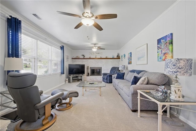 1 Hatteras Lndg, Hampton, VA 23669 - living room with a ceiling fan, carpet floors, a brick fireplace, and baseboards