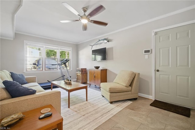 1 Hatteras Lndg, Hampton, VA 23669 - living room featuring a ceiling fan, ornamental molding, and baseboards