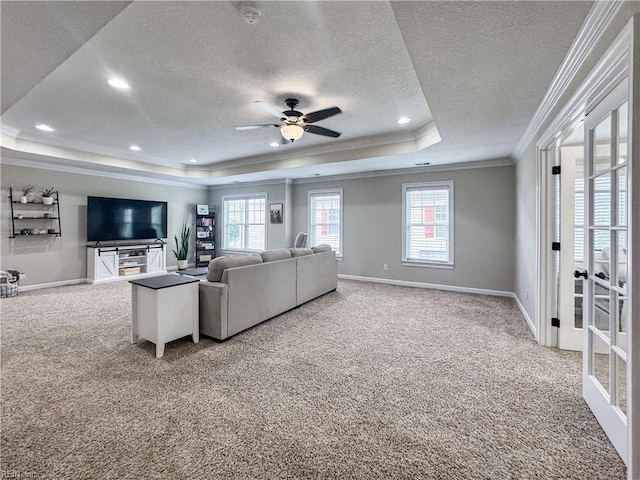 5541 Frog Pond Ln, Virginia Beach, VA 23455 - living room featuring light carpet, a tray ceiling, ornamental molding, baseboards, and a textured ceiling