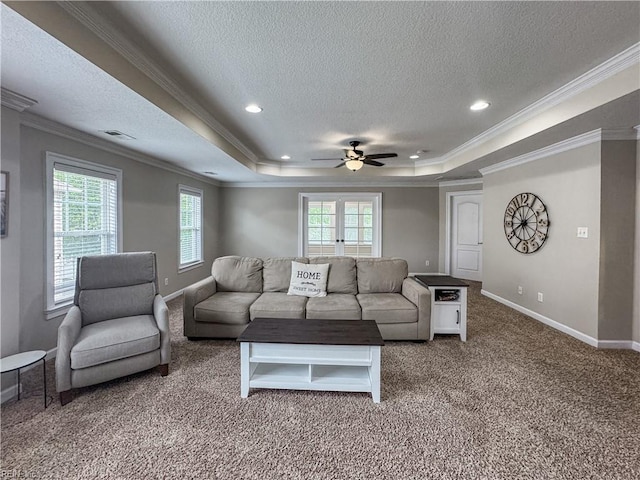 5541 Frog Pond Ln, Virginia Beach, VA 23455 - carpeted living room with a textured ceiling, a tray ceiling, baseboards, healthy amount of natural light, and ornamental molding