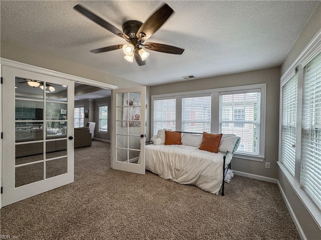 5541 Frog Pond Ln, Virginia Beach, VA 23455 - bedroom with french doors, carpet, a textured ceiling, baseboards, and a ceiling fan