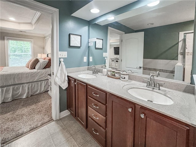 5541 Frog Pond Ln, Virginia Beach, VA 23455 - ensuite bathroom with ornamental molding, double vanity, a raised ceiling, and tile patterned flooring