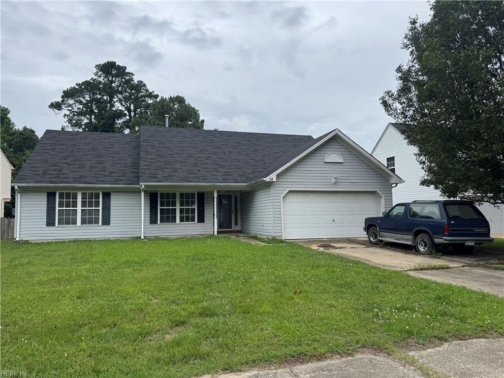 14 Mallard Run, Hampton, VA 23669 - view of front facade with an attached garage, driveway, a front yard, and a shingled roof