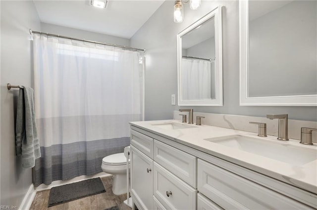 1120 Veranda Way, Chesapeake, VA 23320 - full bathroom featuring wood finished floors, toilet, double vanity, and a shower with shower curtain