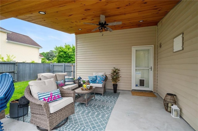 1120 Veranda Way, Chesapeake, VA 23320 - fenced backyard with an outdoor living space, a patio area, and a ceiling fan