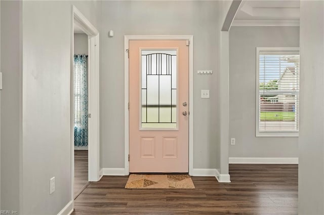 1120 Veranda Way, Chesapeake, VA 23320 - entrance foyer with baseboards, dark wood-type flooring, crown molding, and arched walkways