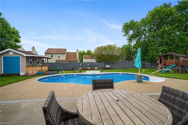 1120 Veranda Way, Chesapeake, VA 23320 - view of swimming pool featuring a patio, a playground, an outdoor structure, and outdoor dining area