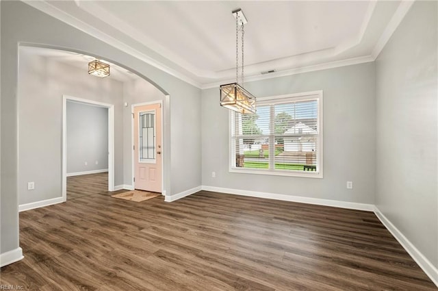 1120 Veranda Way, Chesapeake, VA 23320 - spare room with arched walkways, dark wood-style floors, baseboards, a tray ceiling, and ornamental molding