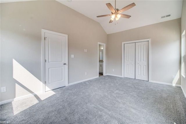 208 Beech St, Suffolk, VA 23434 - unfurnished bedroom featuring vaulted ceiling, carpet flooring, a closet, baseboards, and a ceiling fan