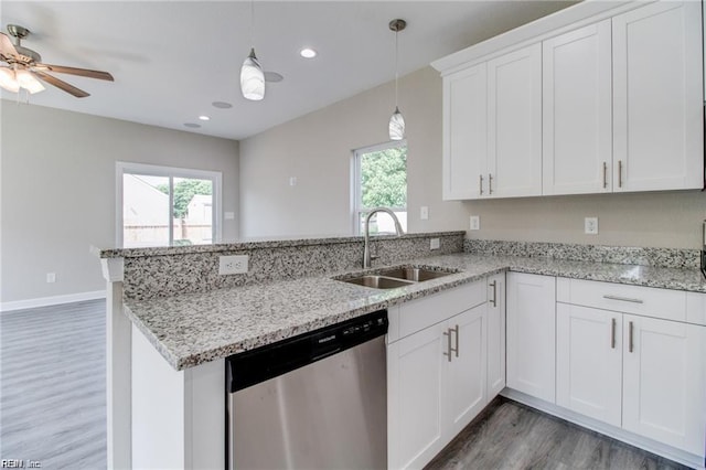 208 Beech St, Suffolk, VA 23434 - kitchen featuring stainless steel dishwasher, a sink, wood finished floors, a peninsula, and healthy amount of natural light