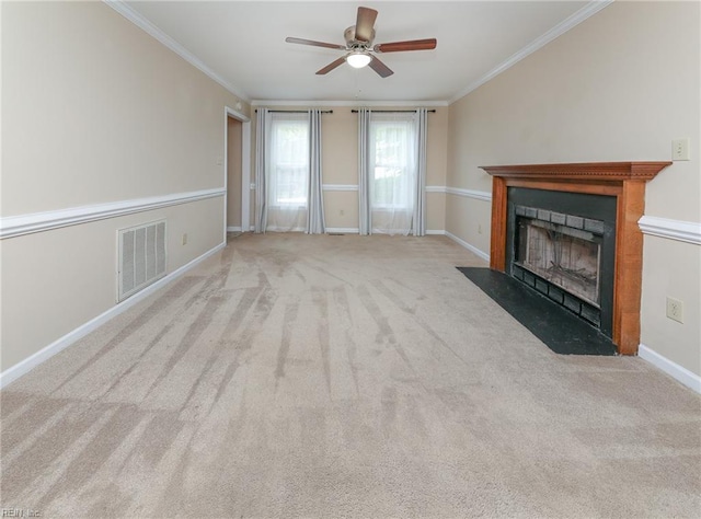 973 Banks Ln, Newport News, VA 23608 - unfurnished living room featuring ceiling fan, a fireplace with flush hearth, carpet flooring, ornamental molding, and baseboards