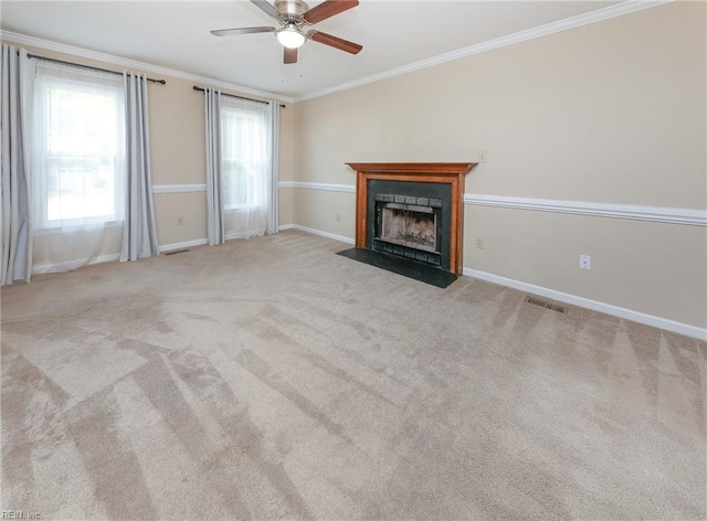 973 Banks Ln, Newport News, VA 23608 - unfurnished living room featuring a fireplace with flush hearth, ceiling fan, crown molding, baseboards, and carpet flooring