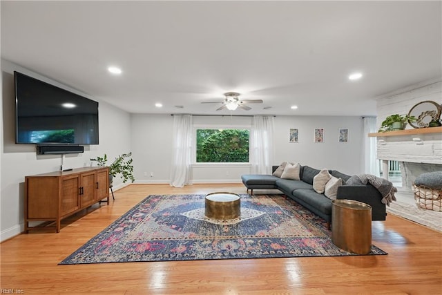 4629 Hermitage Rd, Virginia Beach, VA 23455 - living area featuring a ceiling fan, light wood-style flooring, a large fireplace, recessed lighting, and baseboards