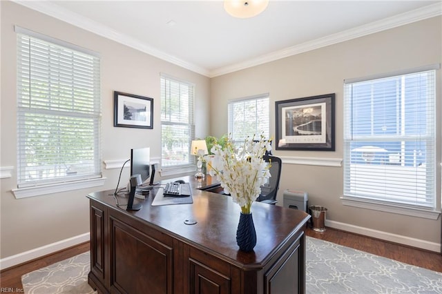 1025 Sullivan Ln, Chesapeake, VA 23322 - home office featuring baseboards, crown molding, wood finished floors, and plenty of natural light
