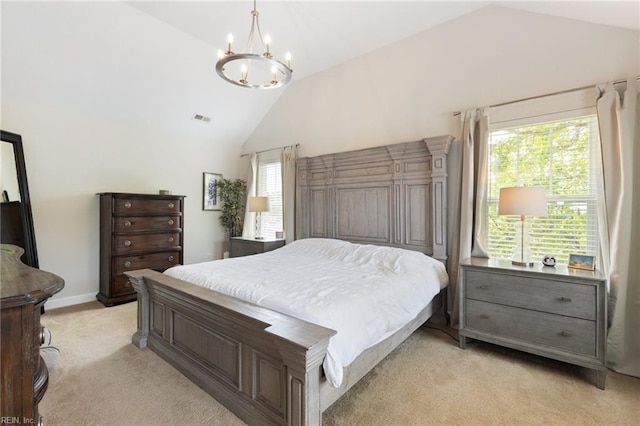 1025 Sullivan Ln, Chesapeake, VA 23322 - bedroom with light colored carpet, multiple windows, a chandelier, high vaulted ceiling, and baseboards