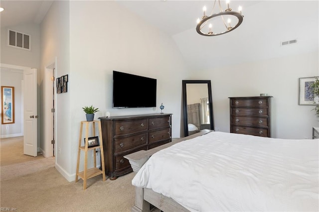 1025 Sullivan Ln, Chesapeake, VA 23322 - carpeted bedroom with a chandelier, high vaulted ceiling, and baseboards