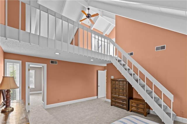 400 Discovery Rd, Virginia Beach, VA 23451 - staircase with high vaulted ceiling, carpet flooring, baseboards, a ceiling fan, and beamed ceiling