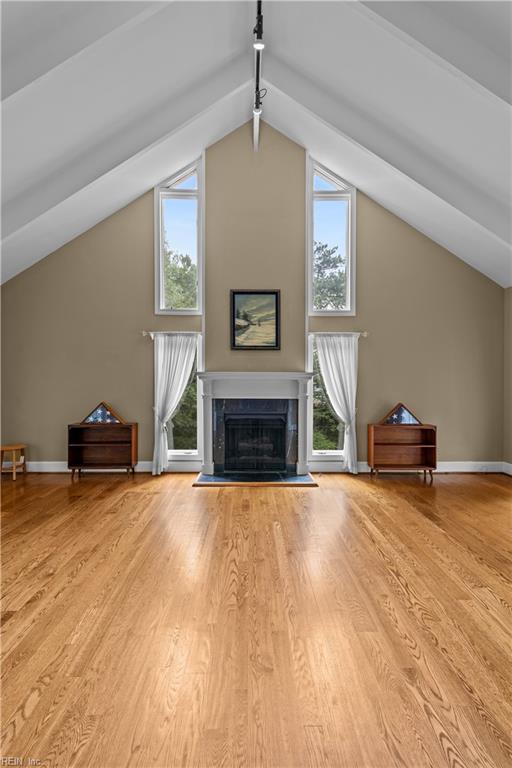 400 Discovery Rd, Virginia Beach, VA 23451 - unfurnished living room with a fireplace, plenty of natural light, wood finished floors, and baseboards