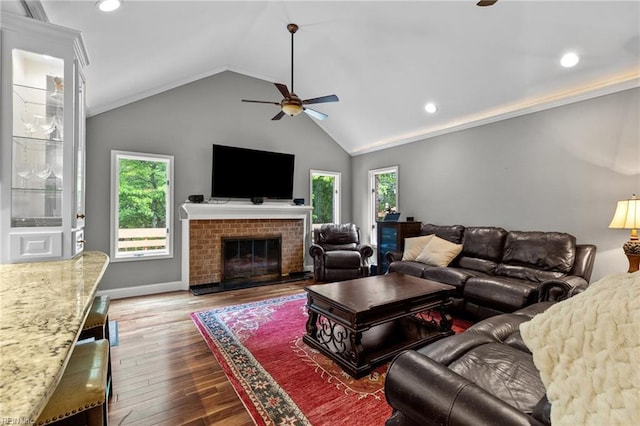 3121 Audley Way, Virginia Beach, VA 23452 - living room with ceiling fan, wood finished floors, vaulted ceiling, recessed lighting, and a fireplace