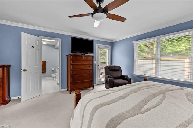 3121 Audley Way, Virginia Beach, VA 23452 - carpeted bedroom featuring ornamental molding, baseboards, a ceiling fan, and ensuite bath