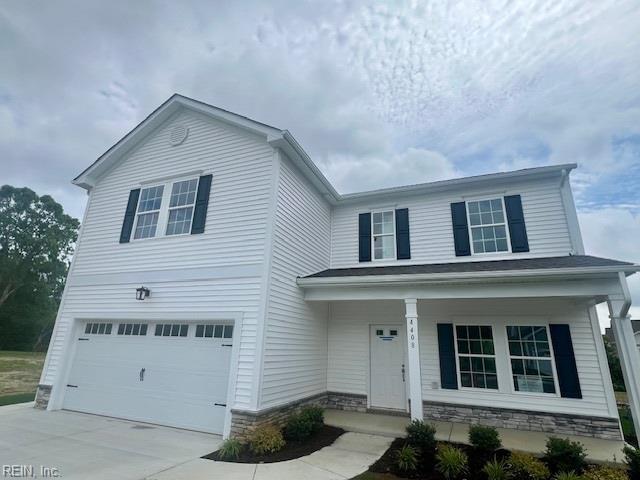4408 Abercorn Dr, Suffolk, VA 23435 - traditional-style house featuring an attached garage, covered porch, and concrete driveway