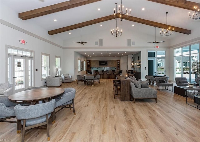 4408 Abercorn Dr, Suffolk, VA 23435 - living room with a chandelier, a ceiling fan, high vaulted ceiling, beamed ceiling, and plenty of natural light
