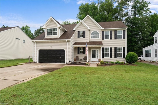 302 Peachwood Ct, Suffolk, VA 23434 - view of front facade featuring driveway, a garage, a front lawn, covered porch, and a shingled roof