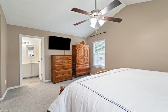 302 Peachwood Ct, Suffolk, VA 23434 - bedroom with light colored carpet, lofted ceiling, baseboards, ceiling fan, and ensuite bath