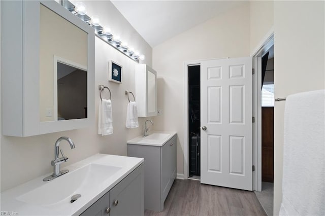 302 Peachwood Ct, Suffolk, VA 23434 - full bath with lofted ceiling, two vanities, wood finished floors, and baseboards