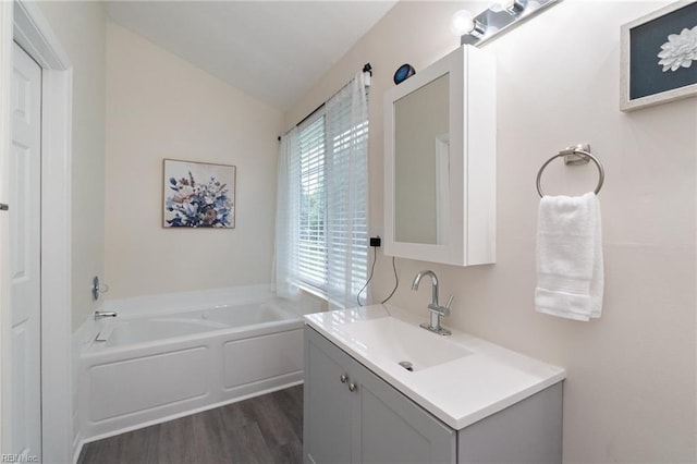 302 Peachwood Ct, Suffolk, VA 23434 - full bath featuring a bath, vanity, wood finished floors, and vaulted ceiling