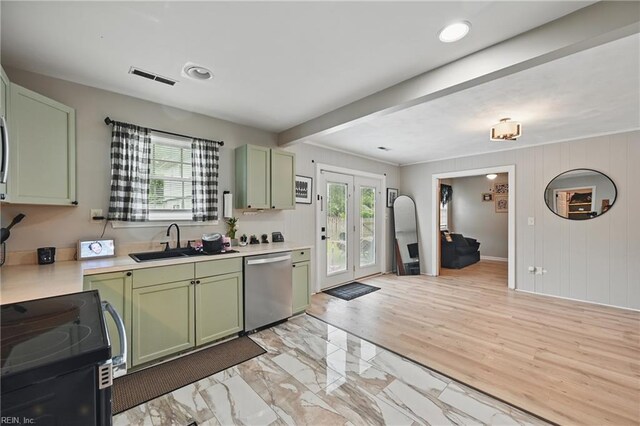1840 Old Ridge Rd, Virginia Beach, VA 23464 - kitchen featuring green cabinetry, dishwasher, a sink, black electric range oven, and light countertops