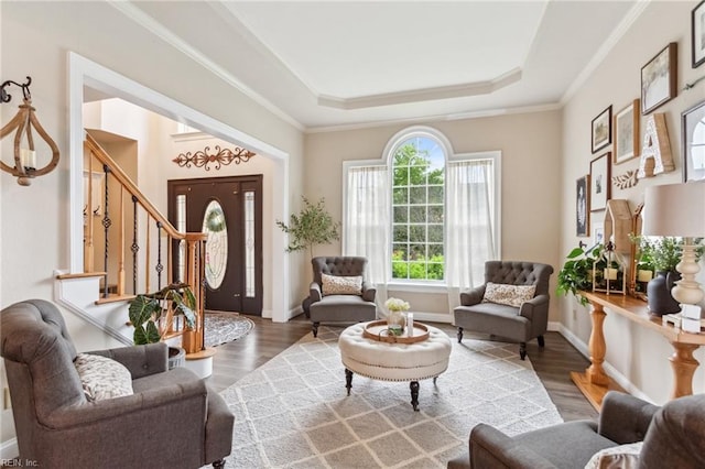 2305 Fenwick Way, Virginia Beach, VA 23453 - living room with stairway, a tray ceiling, wood finished floors, crown molding, and baseboards