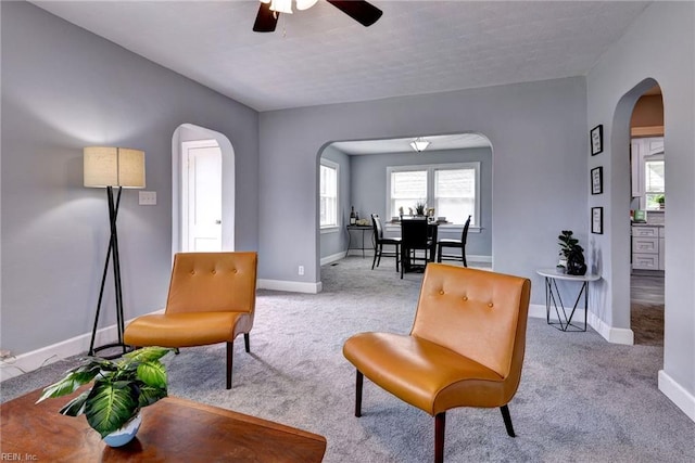 319 Greenbriar Ave, Hampton, VA 23661 - sitting room with arched walkways, ceiling fan, baseboards, and carpet flooring