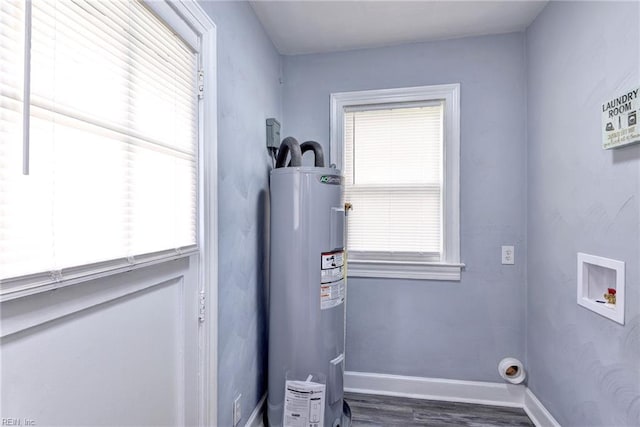 319 Greenbriar Ave, Hampton, VA 23661 - laundry area with water heater, wood finished floors, hookup for a washing machine, and baseboards
