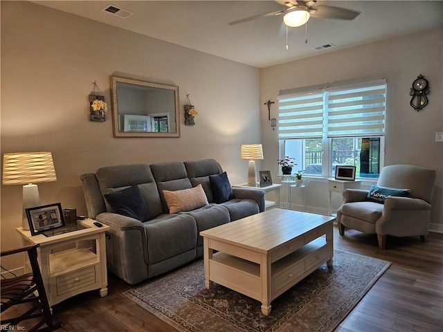 23082 Retreat Ln, Carrollton, VA 23314 - living room with dark wood finished floors and a ceiling fan