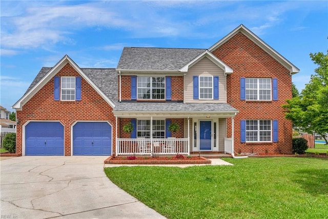 3005 Beech Grove Ln, Suffolk, VA 23435 - traditional-style home with a porch, concrete driveway, a front yard, brick siding, and roof with shingles