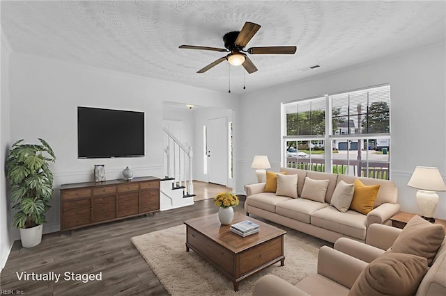3005 Beech Grove Ln, Suffolk, VA 23435 - living area with stairs, ceiling fan, and wood finished floors