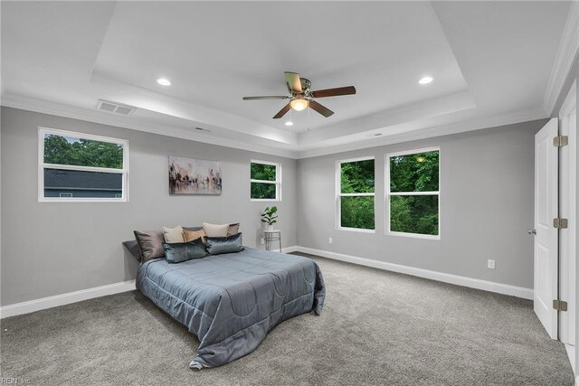 505 Osceola Ave, Suffolk, VA 23434 - carpeted bedroom featuring a raised ceiling, recessed lighting, baseboards, ornamental molding, and ceiling fan