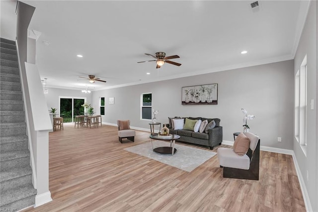 505 Osceola Ave, Suffolk, VA 23434 - living room with stairway, a ceiling fan, recessed lighting, light wood finished floors, and baseboards