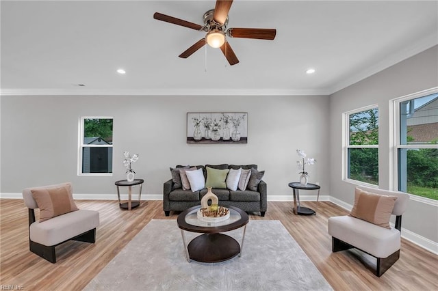 505 Osceola Ave, Suffolk, VA 23434 - living area with light wood-type flooring, baseboards, ornamental molding, recessed lighting, and ceiling fan