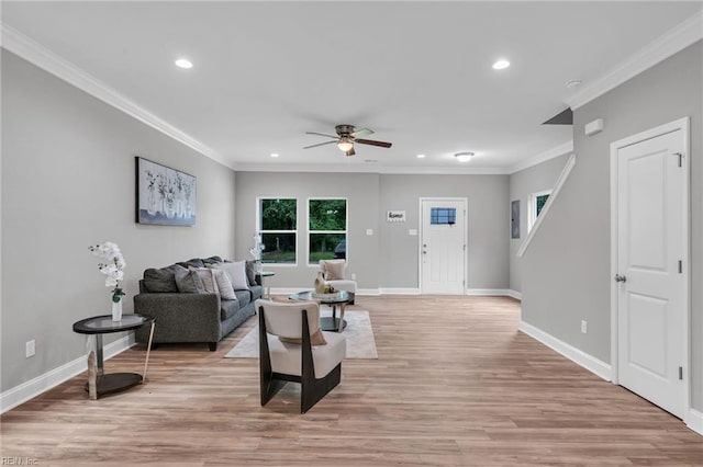 505 Osceola Ave, Suffolk, VA 23434 - living area with a ceiling fan, recessed lighting, baseboards, light wood-style floors, and crown molding