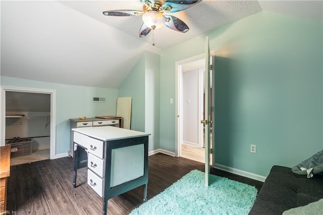 891 Bells Mill Rd, Chesapeake, VA 23322 - office featuring lofted ceiling, dark wood-type flooring, a ceiling fan, baseboards, and a textured ceiling