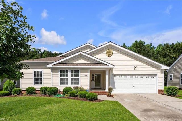 5018 Kings Grant Cir, Suffolk, VA 23434 - single story home featuring concrete driveway, a front lawn, an attached garage, and a shingled roof