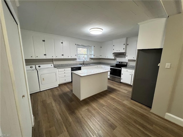 714 B St, Chesapeake, VA 23324 - kitchen featuring stainless steel range with electric cooktop, independent washer and dryer, a sink, a center island, and white cabinets
