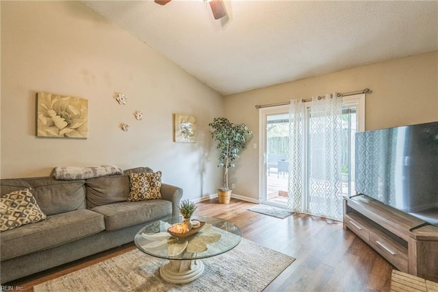 1700 Dylan Dr, Virginia Beach, VA 23464 - living room featuring wood finished floors, lofted ceiling, ceiling fan, and baseboards