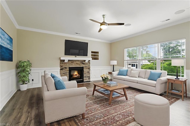 105 Brogden Ct, Hampton, VA 23666 - living room with ceiling fan, wood finished floors, a wainscoted wall, ornamental molding, and a fireplace